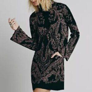 Free People Modern Love Mini Dress  Black Paisley Jacquard Sweater Dress Sz M